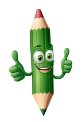 Cartoon pencil character smiling and giving thumbs up with a cheerful expression on transparent background