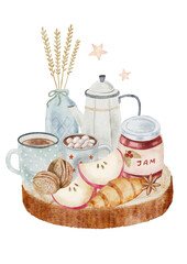 Ready-made digital watercolor composition of a breakfast tray with hot drinks, croissants, and fruit. Ideal for cozy morning designs, kitchen prints, and cafe menus. PNG with transparent background.