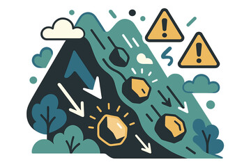 Fototapeta premium Dynamic Landslide Scene. Landslide danger. Mountainside collapsing with glowing rock icons rolling downward.