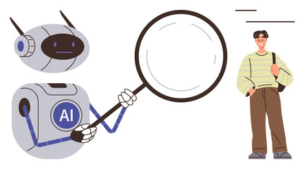 AI robot holding magnifying glass examines standing man with casual attire. Ideal for AI research, technology, recruitment, analytics, innovation, machine learning, futuristic concepts. A simple flat