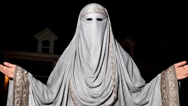 Woman in gray niqab with hands out, standing outdoors in front of a house at night