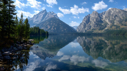 Fototapeta premium Serene Mountain Landscape with Crystal Clear Lake, Lush Green Trees, and Majestic Peaks Reflecting in Water Under a Bright Blue Sky with Fluffy Clouds