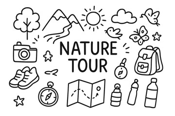 Obraz premium Nature Tour Doodles. Nature Tour. Hand-drawn doodle illustration of Nature Tour. Tree, mountain, river, sun,