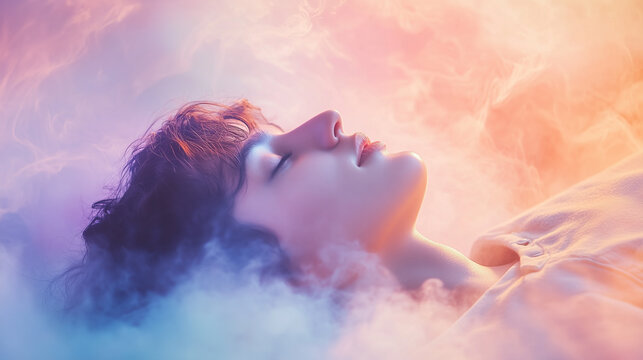 
A person lying comfortably on soft clouds, relaxation, calm concept