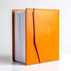 Orange leather-bound book, slightly opened, showing white pages