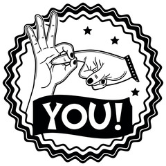 Dynamic hands gesture success and pointing directly at you within a bold circular emblem, perfect for recognition and achievement themes.