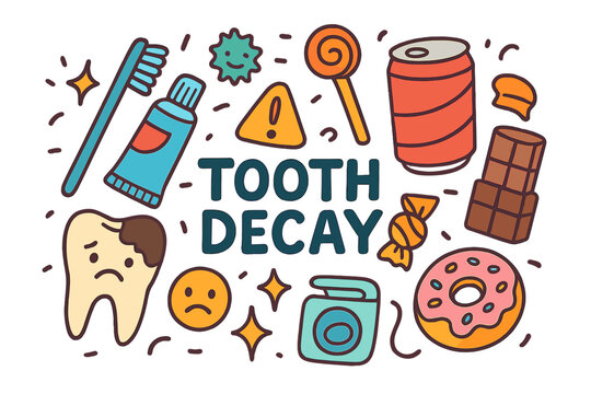 Tooth Decay Doodles. Tooth Decay. Hand-drawn doodle illustration of Tooth Decay. Tooth with cavity, toothbrush