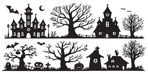 Spooky Halloween scene silhouettes featuring haunted houses, bare trees, bats, skulls, and pumpkins create a chilling atmosphere for festive designs.