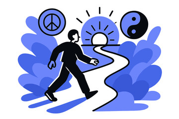 Sacred Path Journey. Sacred Journey. Person walking on glowing abstract path leading toward radiant horizon,