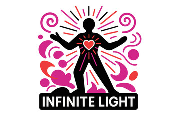 Radiant Infinite Light. Divine Energy. Radiant silhouette with glowing heart at center, abstract spirals and