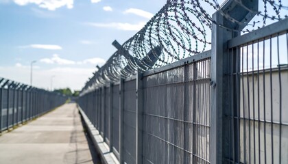 Fototapeta premium Metal fence with barbed wire extends along a pathway under a partly cloudy sky