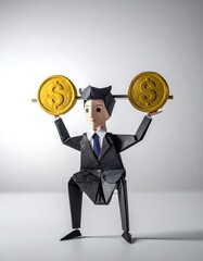 Origami businessman squatting, lifting gold dollar coins as weights