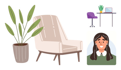 Chair and potted plant next to desk with laptop, purple chair, and green plant. Smiling woman portrait. Ideal for workspace setup, remote work, modern lifestyle, comfort, productivity interior