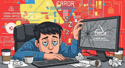 Tired programmer facing computer errors, exhaustion, and broken screen challenges in software