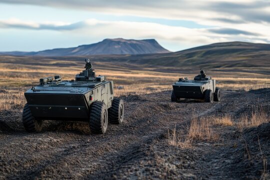 Fototapeta Military robots conducting reconnaissance in a remote, mountainous landscape during sunset