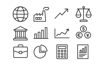 Sustainable Economy Icons. Sustainable economy. Line outline icon set of sustainable economy: globe, factory,