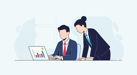 Business professionals collaborating on a project, reviewing data on a laptop, analyzing graphs,