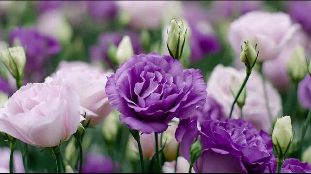 Purple and pink eustoma flowers in bloom, showing petals and buds in a natural garden setting footage