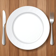 Overhead view of empty plate, knife, and fork on wood