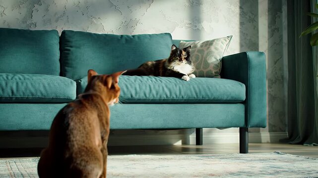 Serene Living Room Scene with Ginger Cat Standing and Calico Cat Resting on a Blue Sofa with Sunlight Streaming in and Creating Shadows on the Wall a Cozy Indoor Day Scene