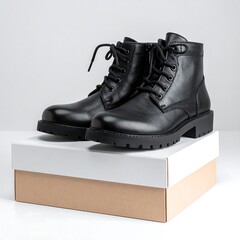 Pair of black leather boots on a box against a white background