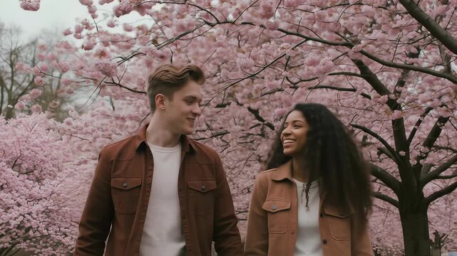 Affectionate diverse couple walking hand in hand under cherry blossoms