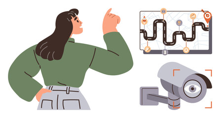 Woman gestures towards a detailed map with waypoints and a security camera focusing on monitoring. Ideal for navigation, technology, tracking, surveillance, planning, security, simple flat metaphor