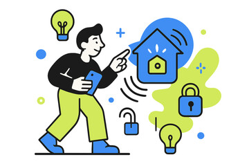 Fototapeta premium Controlling Smart Home. Smart home devices. Person controlling glowing house icons from a smartphone, floating