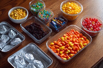 Various candies, dried fruits, and foil-wrapped items arranged in clear containers on a wooden table, representing a festive snack assortment