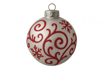 Christmas ornament decoration, white frosted bauble with red glitter swirls and snowflakes, transparent background
