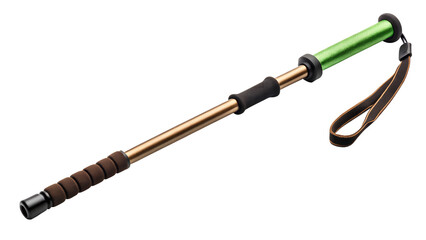 A single adjustable trekking pole with a green handle and wrist strap isolated on transparent background