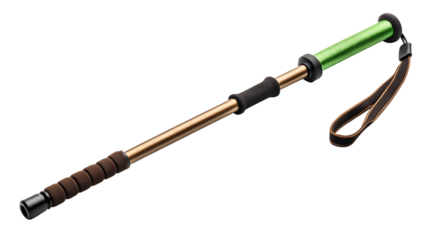 A single adjustable trekking pole with a green handle and wrist strap isolated on transparent background