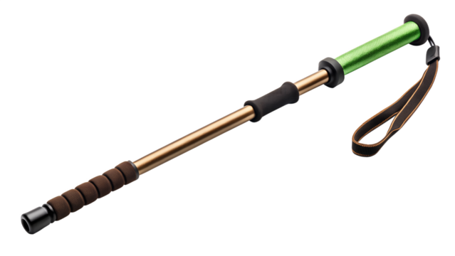 A single adjustable trekking pole with a green handle and wrist strap isolated on transparent background