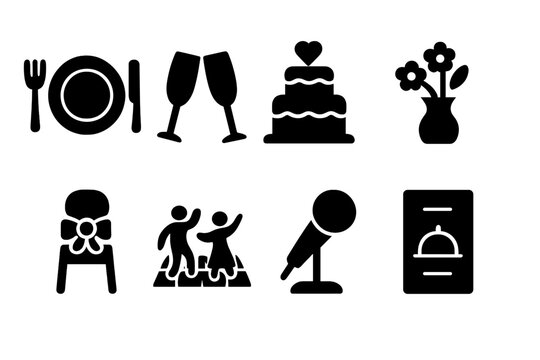 Wedding Icons Grid. Wedding Reception. Filled icon set of Wedding Reception: dinner plate, champagne glasses,