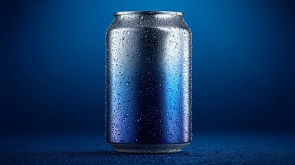 A metallic beverage can with condensation, set against a vibrant blue background, highlighting its sleek design.