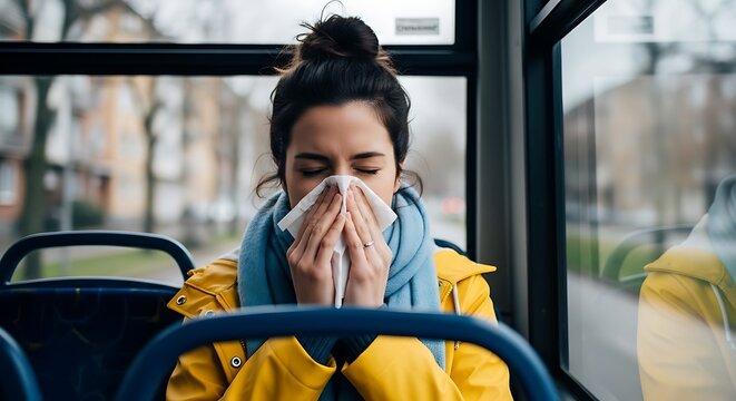 Woman sneezing into tissue on bus public transport - Powered by Adobe