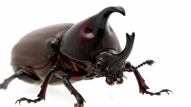 Rhinoceros Beetle Close-up - A detailed close-up shot of a rhinoceros beetle isolated on a white background. The beetle's intricate details, including its horns and legs, are clearly visible.