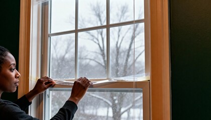 Black woman sealing drafty window with tape in calm indoor setting during winter season