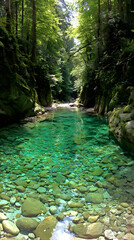 Naklejka premium flowing over smooth stones surrounded by natural vegetation creating a peaceful and soothing environment