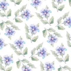 Gentle watercolor pattern of delicate purple flowers and leaves on a white background