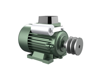 green Robust Industrial Electric Motor Drive Multi-Groove Pulley. High-Quality 3D Digital Render, Transparent PNG. Vital for Modern Manufacturing, Automation, Precision Engineering, Heavy Industry.
