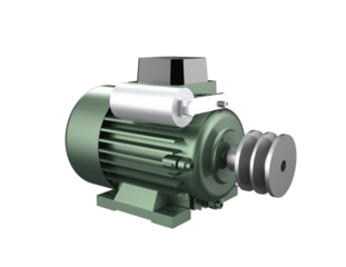 green Robust Industrial Electric Motor Drive Multi-Groove Pulley. High-Quality 3D Digital Render, Transparent PNG. Vital for Modern Manufacturing, Automation, Precision Engineering, Heavy Industry.