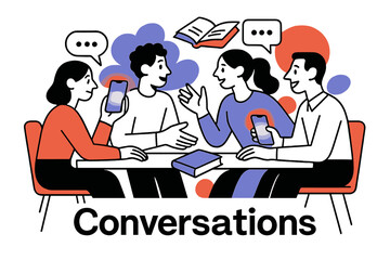 Floating Social Interactions. Social interactions. Abstract table scene where glowing phones, books, and