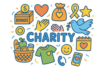 Fototapeta premium Bright Charity Doodles. Charity. Hand-drawn doodle illustration of Charity. donation box, heart, gift bag,