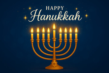 Happy hanukkah day elegant gold menorah with nine bright yellow candles lit on a dark blue background with sparkling gold stars and script typography.