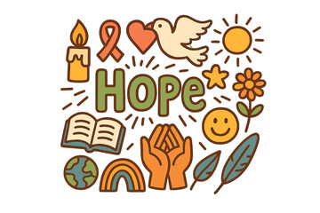 Hopeful Doodle Collection. Hope. Hand-drawn doodle illustration of Hope. candle, ribbon, heart, star, dove,