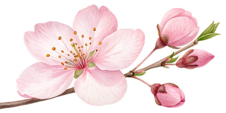 Delicate pink cherry blossom branch with buds and fully bloomed flower Cutout PNG isolated on a transparent background