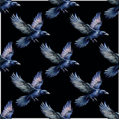 Black Flying Raven Dark Watercolor Vector Seamless Pttern