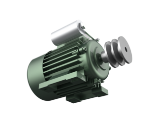 green Robust Industrial Electric Motor Drive Multi-Groove Pulley. High-Quality 3D Digital Render, Transparent PNG. Vital for Modern Manufacturing, Automation, Precision Engineering, Heavy Industry.