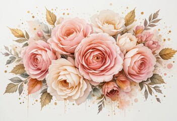 Gentle Watercolor Roses in Soft Pinks and Cream with Golden Splashes   A Timeless Keepsake for Your Special Day